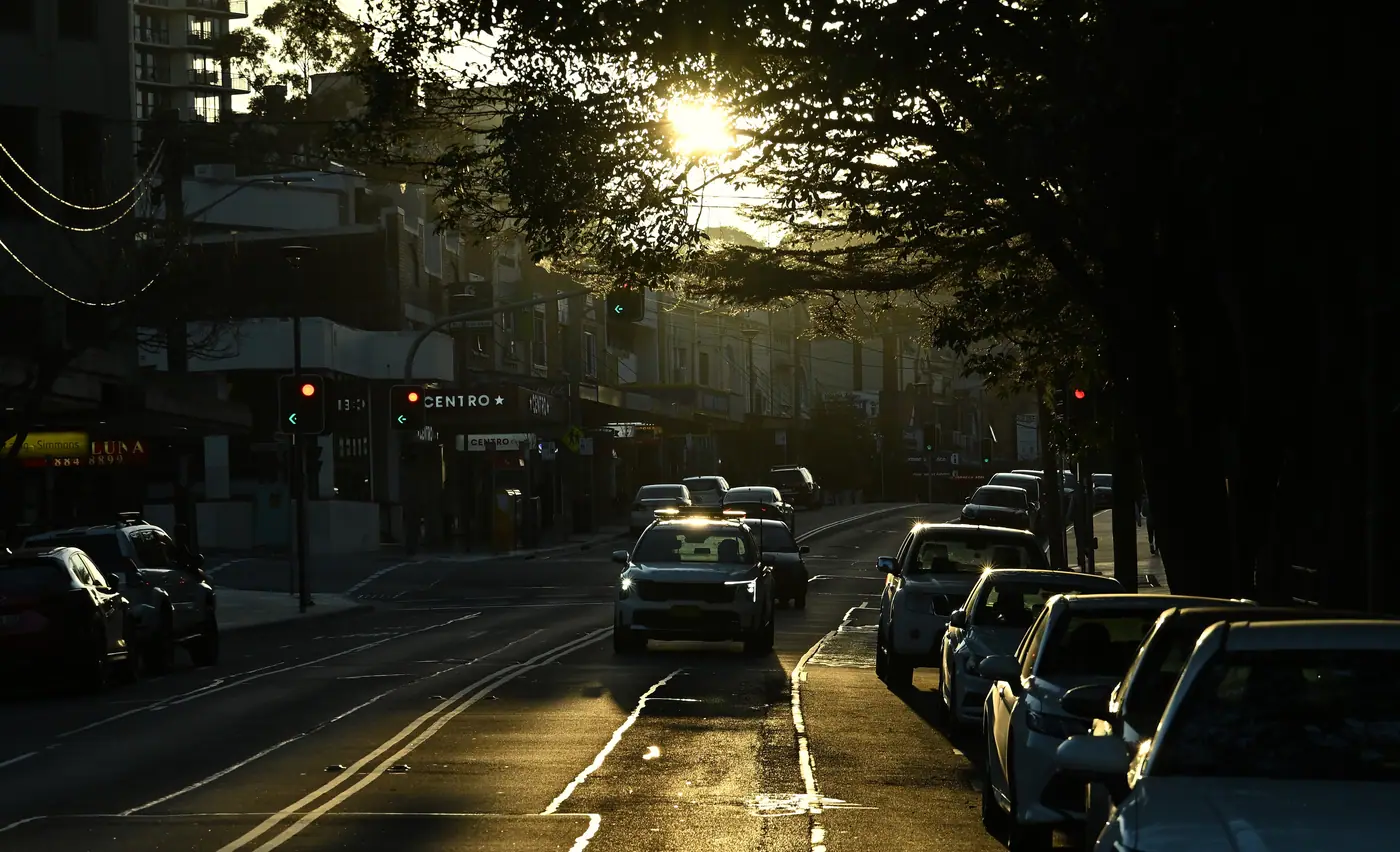 Hampden Road, Artarmon at golden hour — the local commercial strip of shops and cafés