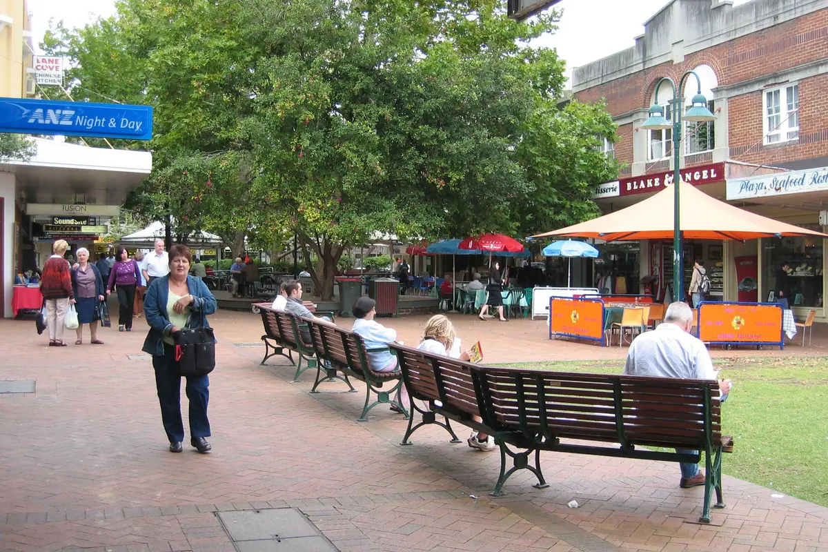 Lane Cove village plaza with cafés, shops and locals